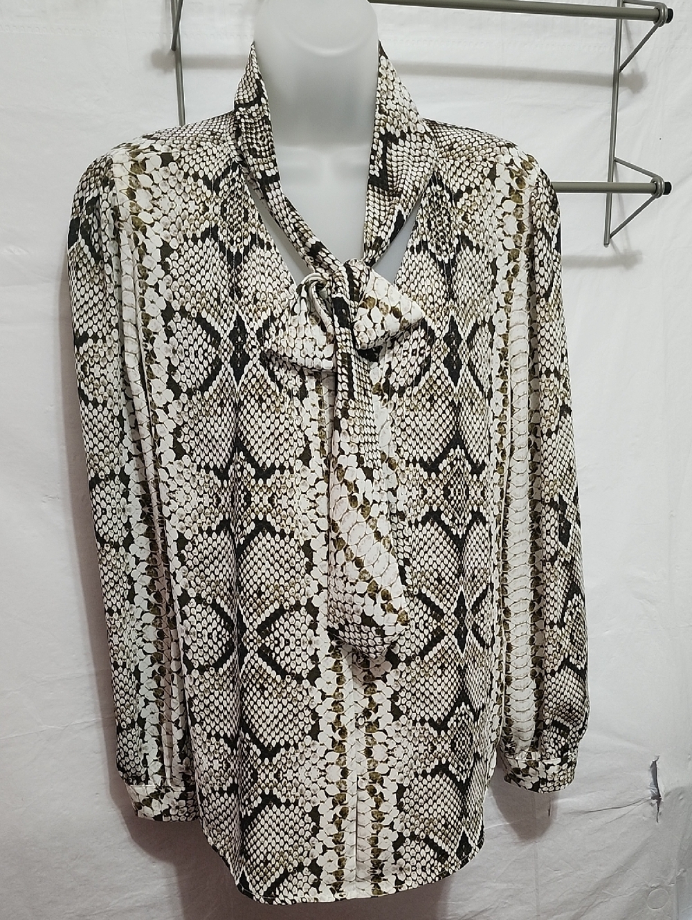 NWOT J. Crew Snake-Print Tie-Neck Blouse in White, Black and Green